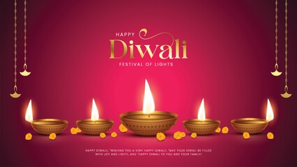 Happy Diwali - festival of lights colorful poster template design with decorative diya lamp. Indian festival of lights Happy Diwali, holiday Background.