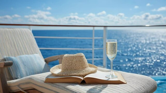 Straw hat, book, and champagne glass on lounge chair with ocean view on sunny cruise ship deck