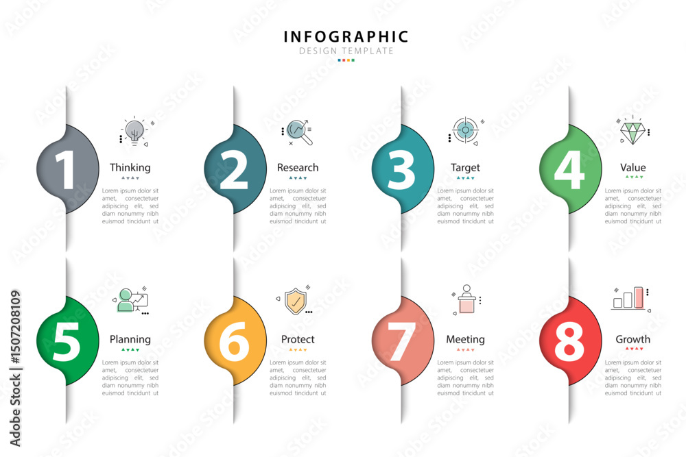 Aufkleber Timeline Creator infographic template. 8 Step timeline journey, calendar Flat simple infographics design template. presentation graph. Business concept with 8 options, gantt vector illustration.
