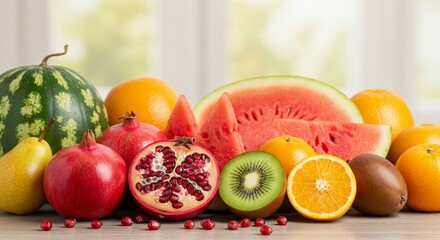 Fresh and Colorful Assortment of Juicy Fruits on Wooden Table
