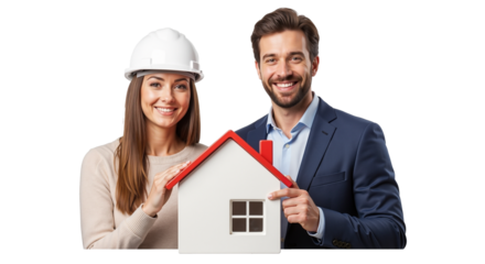 Young couple smiling while holding a model house in studio  