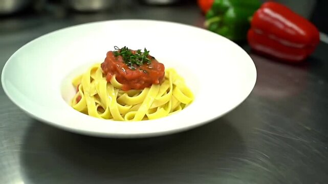 Gourmet Pasta Dish in a Vibrant Restaurant Kitchen