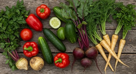 Fresh Organic Vegetables Displayed on Rustic Wooden Table Surface