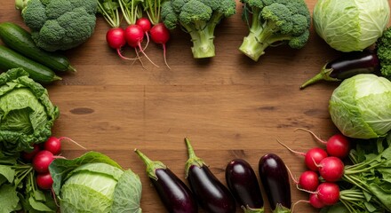 Fresh Variety of Vegetables Arranged on Wooden Table Background