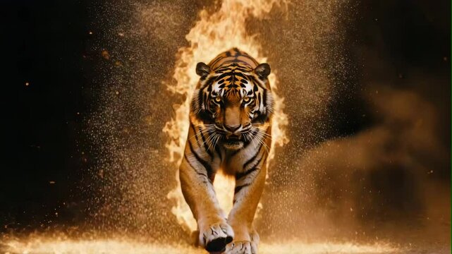 tiger looking with burning on black background