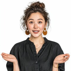 Asian woman showcasing product against white background professional environment engaging viewpoint
