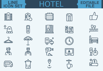 Thin Line Hotel Icon Set Room, Reception, Taxi, Booking, Hostel, Key Card, Check-In, Passport, Safe, Laundry, Fitness, and Pool Symbols in Vector Illustration