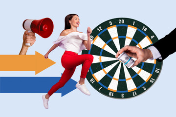Trendy art creative full zine photo collage of happy businessman businesswoman stand arrow target...