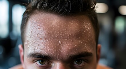 Sweaty man after workout close up fitness gym exercise sweating forehead health and wellness intense training