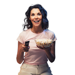 Young Beautiful woman stay home, during pandemic, spends his free time watching TV on couch at home, smiling munching popcorn and holding remote. Girl watching projector movies with popcorn in evening