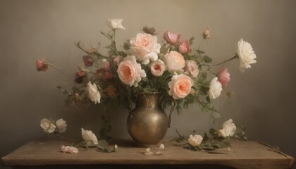 Fototapeta premium A still life symphony of roses in the soft glow of late afternoon light, painting memories of summer