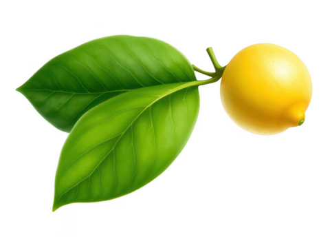 Single lemon with leaves isolated on transparent background
