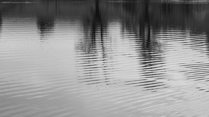Rippled surface of water with reflections of trees in black and white