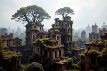 Fototapeta premium Where once stood civilization, nature reclaims its land, buildings now cradled in vines and crowned with trees