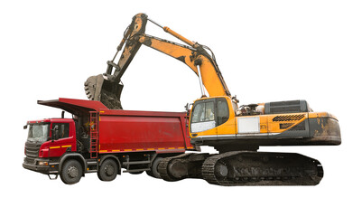 Large quarry dump truck. Loading the rock in dumper. Loading coal into body truck. Production useful minerals. Mining truck mining machinery, to transport coal from open-pit as the coal production.