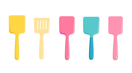Fototapeta premium Pastel Colored Spatula Set on White Background Kitchen Cooking Utensils Tools Equipment for Domestic Use in Illustration Graphic Design