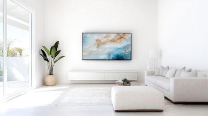 Bright, modern living room with minimalist decor, large windows, indoor plant, abstract wall art, and a neutral color palette.