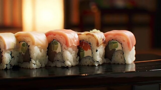 Assorted Sushi Rolls on Wooden Platter in Japanese Restaurant