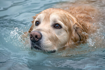 Golden retriever dog swimming in clear water