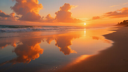 Golden Sunset Beach Stunning Reflections and Tranquil Ocean Horizon

