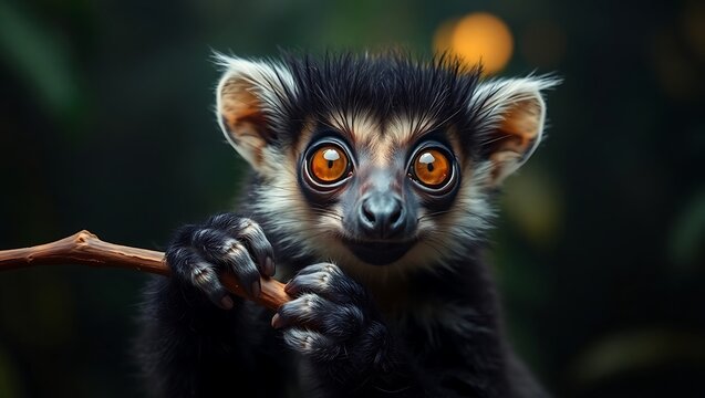 Portrait of a cute lemur with orange eyes holding a branch wildlife animal close up photography image