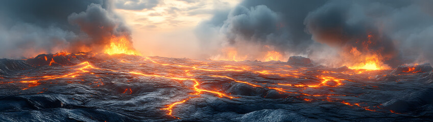 Lava field, cracked ground with molten lava flows, smoke, and ash clouds, 3D landscape