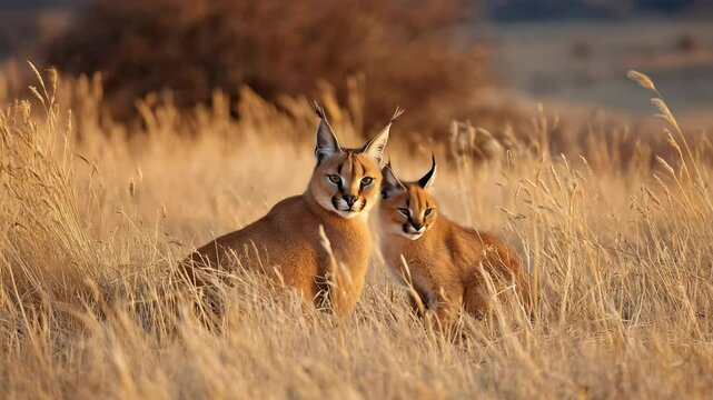 Wild caracal mother and cub sitting together in tall golden grass on African savanna during warm sunset