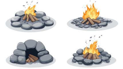 Pixelated Bonfires and Campfires Set with Wood Logs and Stones Game Elements Illustration