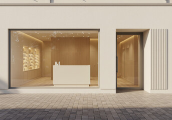 Modern minimalist spa salon exterior with large window, warm lighting, and sleek wooden accents