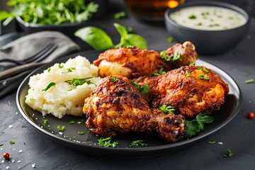 Hearty grilled chicken drumsticks are generously arranged with creamy mashed potatoes and fresh green herbs on a dark plate, ideal for promoting home cooking or a family restaurant menu.