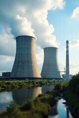 Imposing coal power plant generating station with large cooling towers and industrial structures under a partly cloudy sky , carbon emissions, utility, industrial architecture