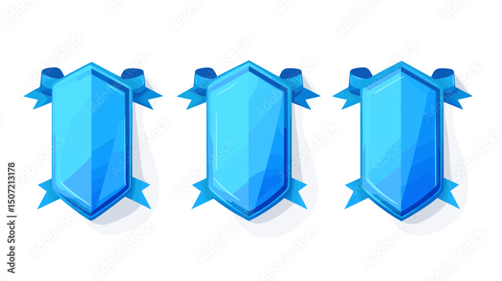 Fototapete set of three blue pixel art shields with ribbons for game interface design on white background