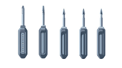 Silver Gray Metallic Screwdrivers in a Row Isolated on White Background Tools for Repair Maintenance and Mechanical Work