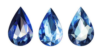Three Blue Teardrop Gemstones Set on White Background Featuring Jewel Tones and Faceted Details