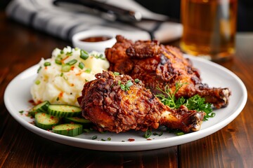 Grilled chicken drumsticks generously garnished with fresh herbs are presented alongside creamy mashed potatoes and sliced cucumbers, perfect for a restaurant menu or culinary blog.
