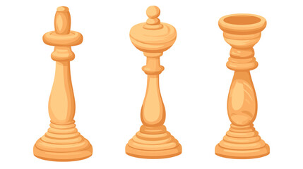Three Carved Wooden Chess Pieces in Pixel Art Style with Ornate Design Standing Against a Plain White Background