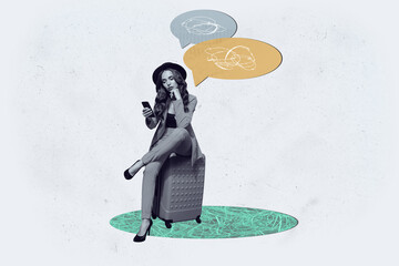 Full 3d poster art collage of happy girl guy stand bubble communication chatterbox speech scribble...