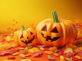 Vibrant Halloween illustration with a smiling jack-o'-lantern