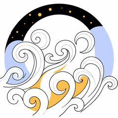 Oceanic Night: A stylized illustration presents the ocean's rhythm under a starlit sky, where the waves dance in a spiral motion to the moon. This work evokes a sense of peace and wonder.