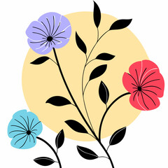 Floral Trio: Artistic interpretation of three stylized flowers with contrasting hues, forming a delicate floral design set against a sunlit background, perfect for adding a touch of elegance.