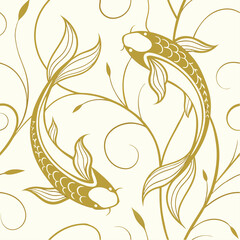 Golden Koi Embrace: Two stylized koi fish swim gracefully amidst intricate, golden-toned aquatic plants, evoking tranquility and harmony in this decorative design.