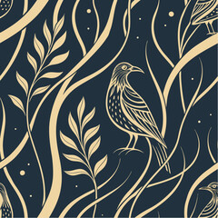 Artistic Bird Pattern: A seamless pattern features intricately illustrated birds, nestled amidst stylized foliage and flowing branches, creating a sense of natural elegance and artistic charm.