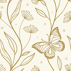 Golden Butterfly in Botanical Embrace: A mesmerizing botanical illustration presents a detailed view of a delicate butterfly amidst intricately drawn floral elements.