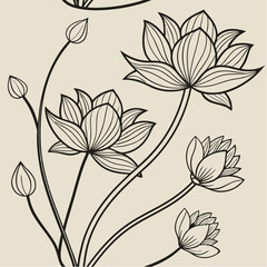 Elegant Lotus: Intricate line art captures the beauty of lotus flowers with delicate petals and graceful stems. A simple background highlights the purity and elegance of the floral design.