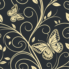 Floral Butterfly Pattern: A beautiful seamless pattern featuring an intricate design of delicate butterflies amidst swirling floral elements, ideal for adding elegance to any creative project.