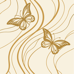 Elegant Butterflies in Flight: Two exquisite butterflies gracefully dance amidst delicate golden lines on a soft, creamy backdrop, creating a sense of delicate beauty and serene elegance.