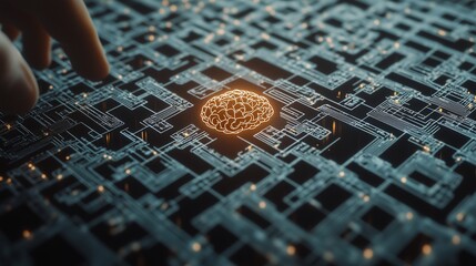 AI Brain Interface in Futuristic Circuit Maze Solving Complex Problems