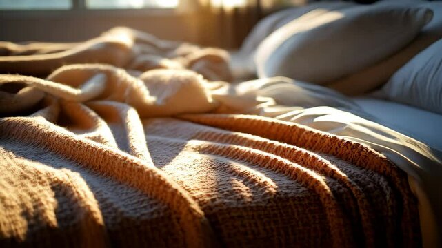 Cozy morning scene of rumpled bedsheets and soft wool blanket bathed in warm sunlight from a nearby window.