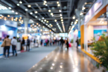 Blurred indoor exhibition hall filled with people walking through exhibit booths and bright lights