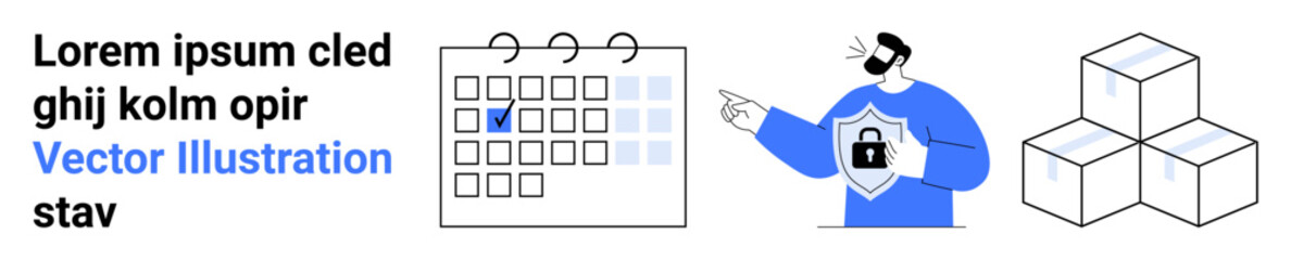 Calendar with a marked date next to a password-protected shield icon and headset support figure pointing. Boxes showcasing storage and management. Ideal for planning, security, logistics